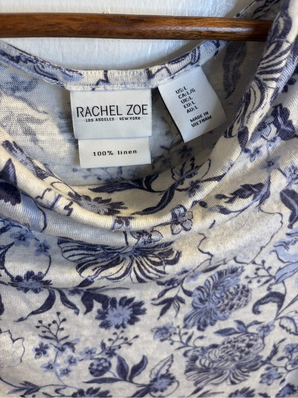 Rachel Zoe 100% Linen Floral Top Women’s L Blue Ivory Cowl Neck Blouse - Picture 5 of 12